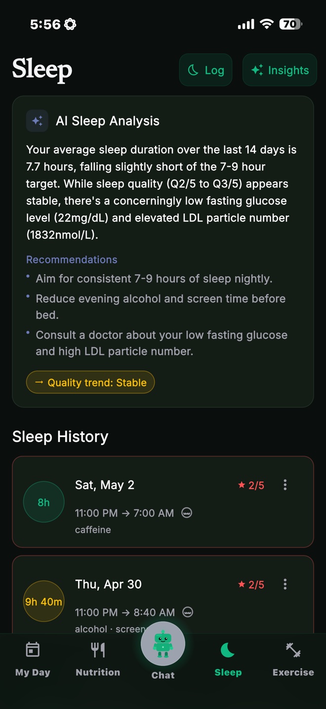 Sleep analysis with AI insights and nightly history